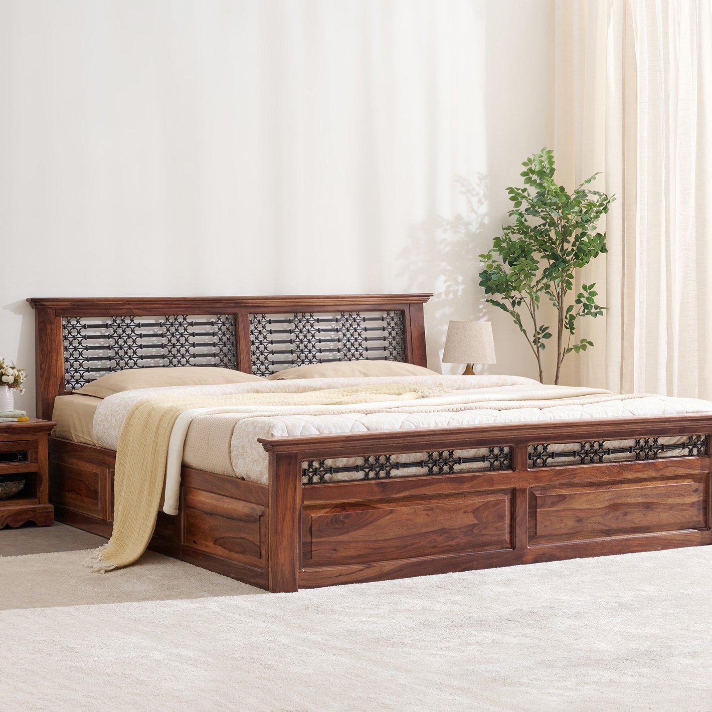 Rustic Carved Wooden Platform Storage Bed