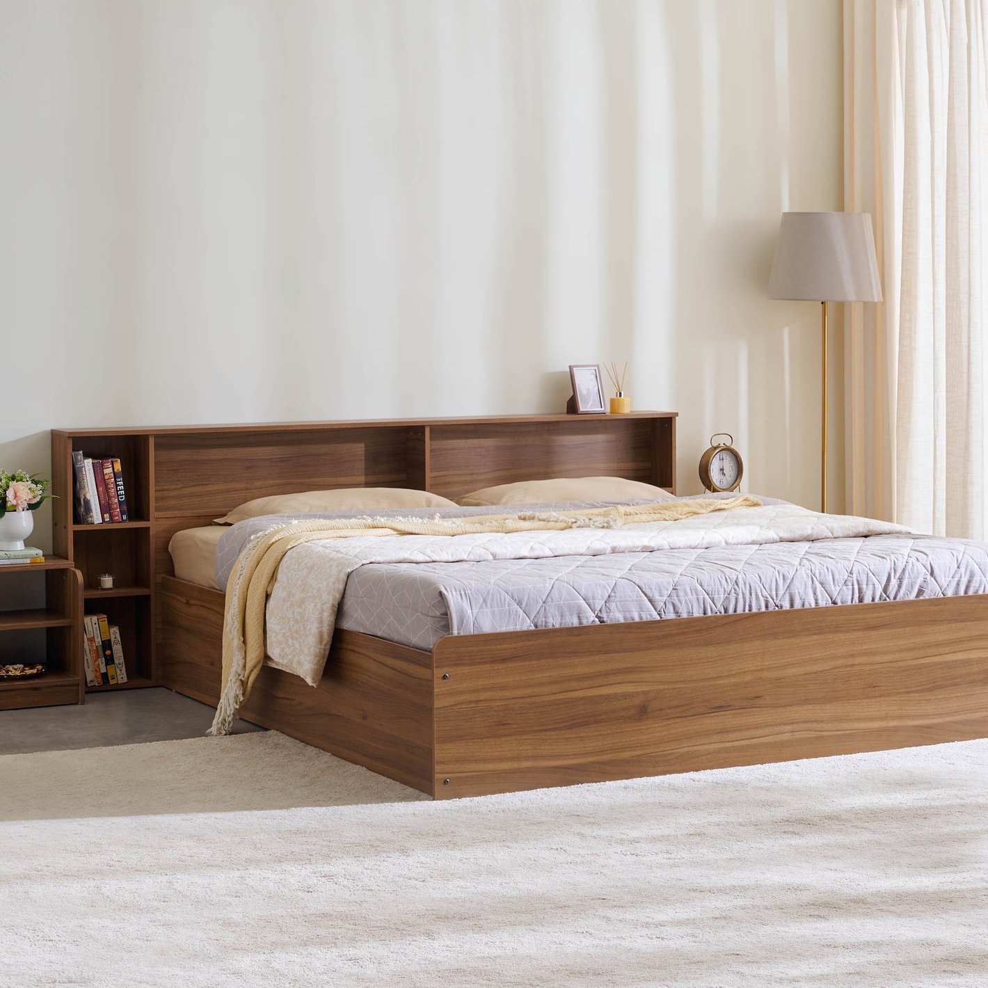 Walnut Finish Platform Bed with Built-In Bookcase Headboard